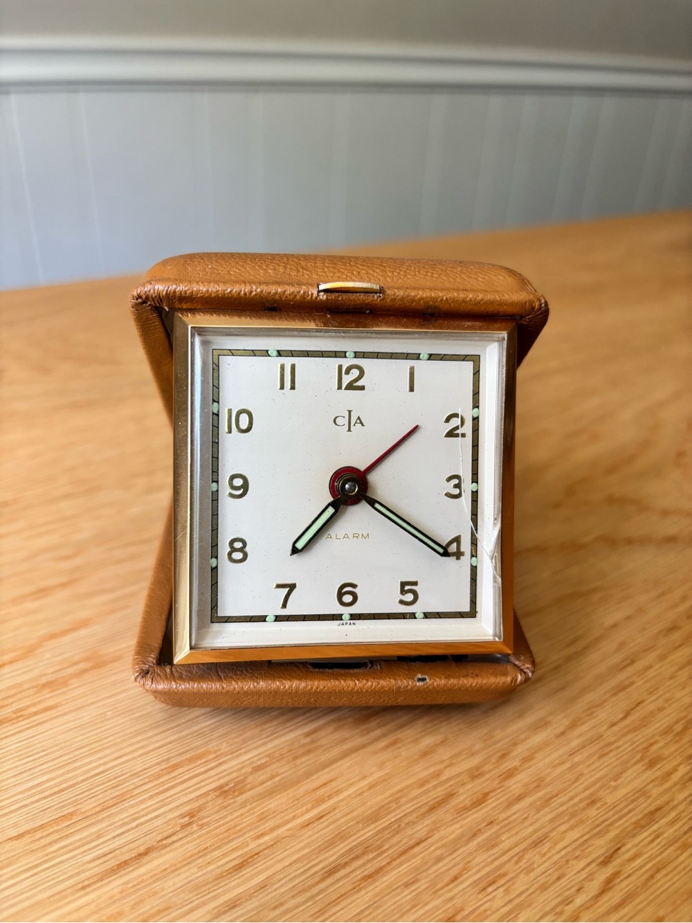 Antique Vintage CA Travel Alarm Clock in Brown Leather Case, Made in Japan